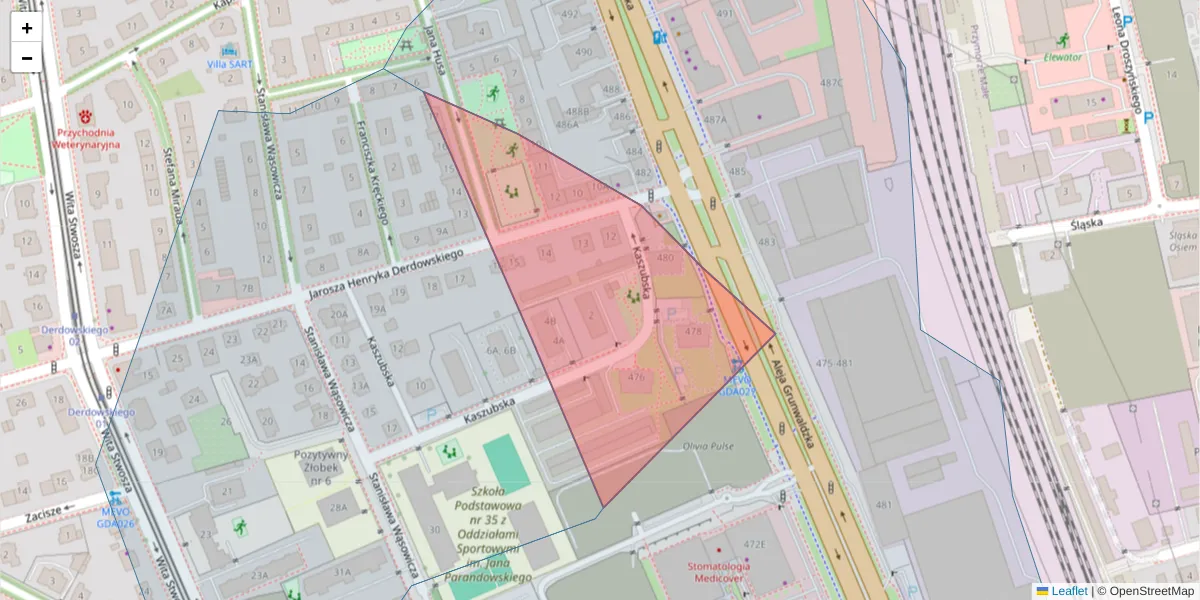 Szczegółowa mapa kodu pocztowego 80-315 z granicami, sąsiednimi kodami pocztowymi i urzędami pocztowymi