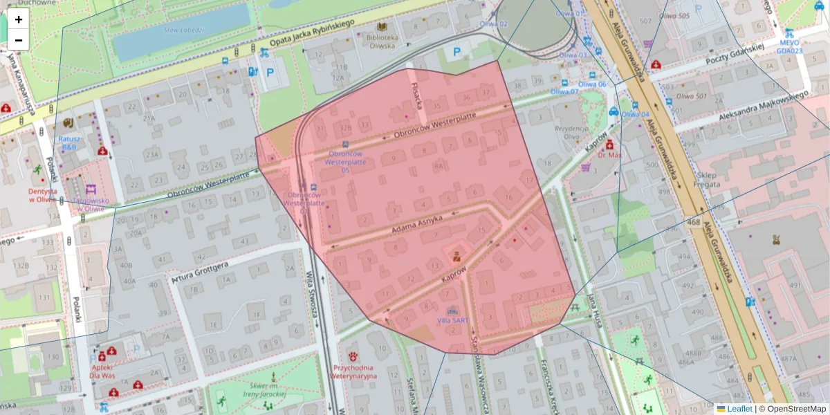 Szczegółowa mapa kodu pocztowego 80-317 z granicami, sąsiednimi kodami pocztowymi i urzędami pocztowymi