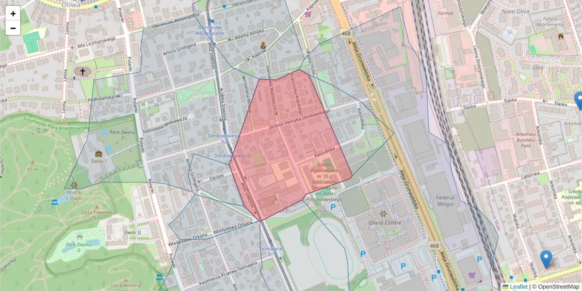 Szczegółowa mapa kodu pocztowego 80-318 z granicami, sąsiednimi kodami pocztowymi i urzędami pocztowymi
