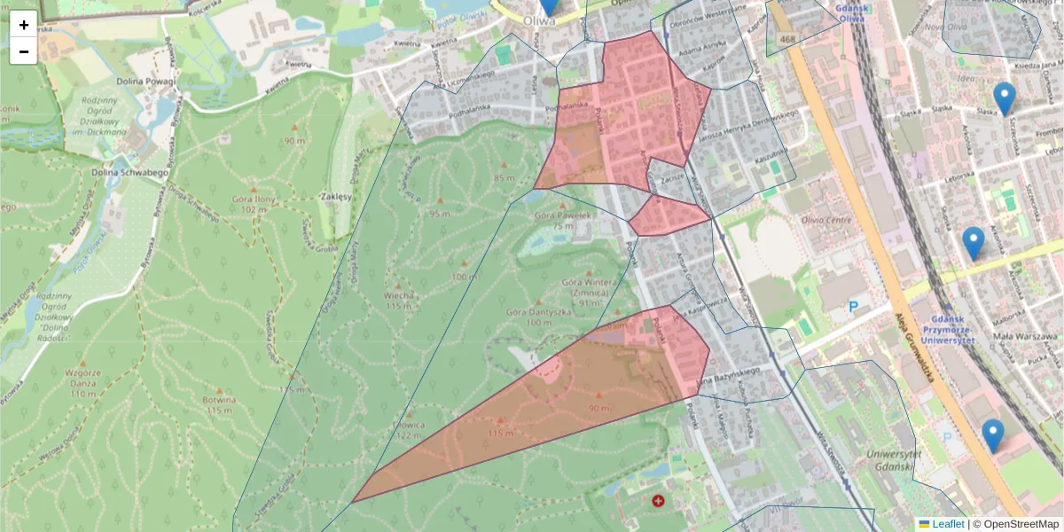 Szczegółowa mapa kodu pocztowego 80-319 z granicami, sąsiednimi kodami pocztowymi i urzędami pocztowymi
