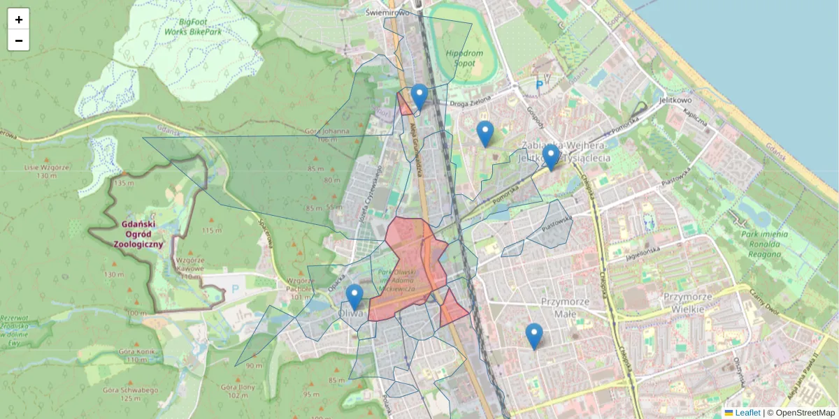 Szczegółowa mapa kodu pocztowego 80-320 z granicami, sąsiednimi kodami pocztowymi i urzędami pocztowymi