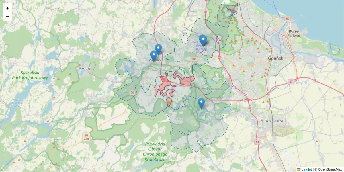 Szczegółowa mapa kodu pocztowego 80-331 z granicami, sąsiednimi kodami pocztowymi i urzędami pocztowymi