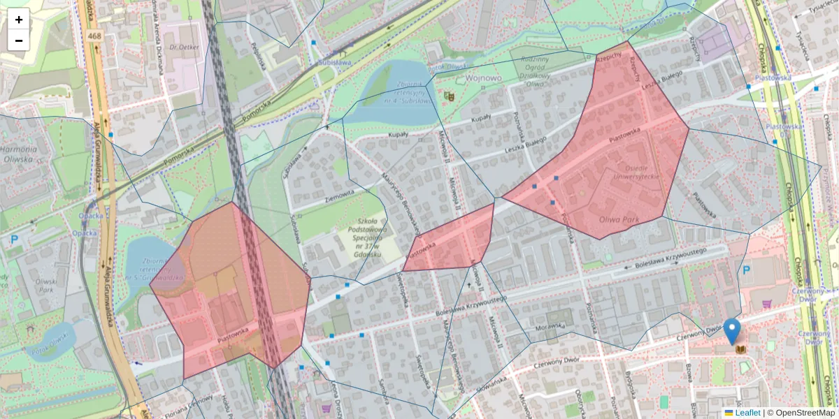 Szczegółowa mapa kodu pocztowego 80-332 z granicami, sąsiednimi kodami pocztowymi i urzędami pocztowymi