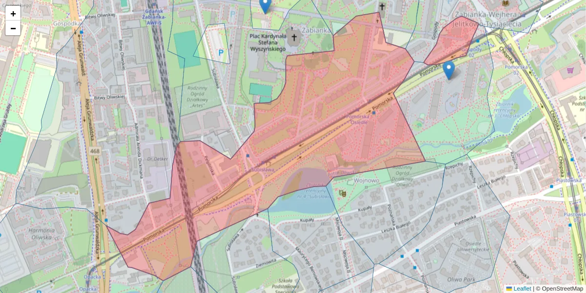 Szczegółowa mapa kodu pocztowego 80-333 z granicami, sąsiednimi kodami pocztowymi i urzędami pocztowymi