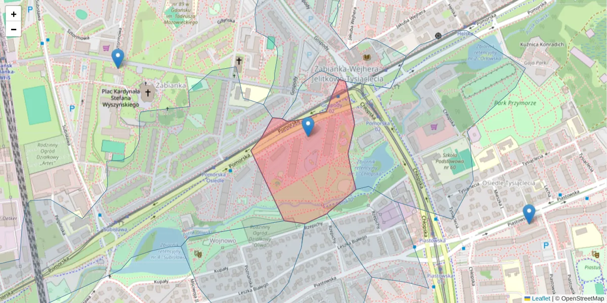 Szczegółowa mapa kodu pocztowego 80-345 z granicami, sąsiednimi kodami pocztowymi i urzędami pocztowymi