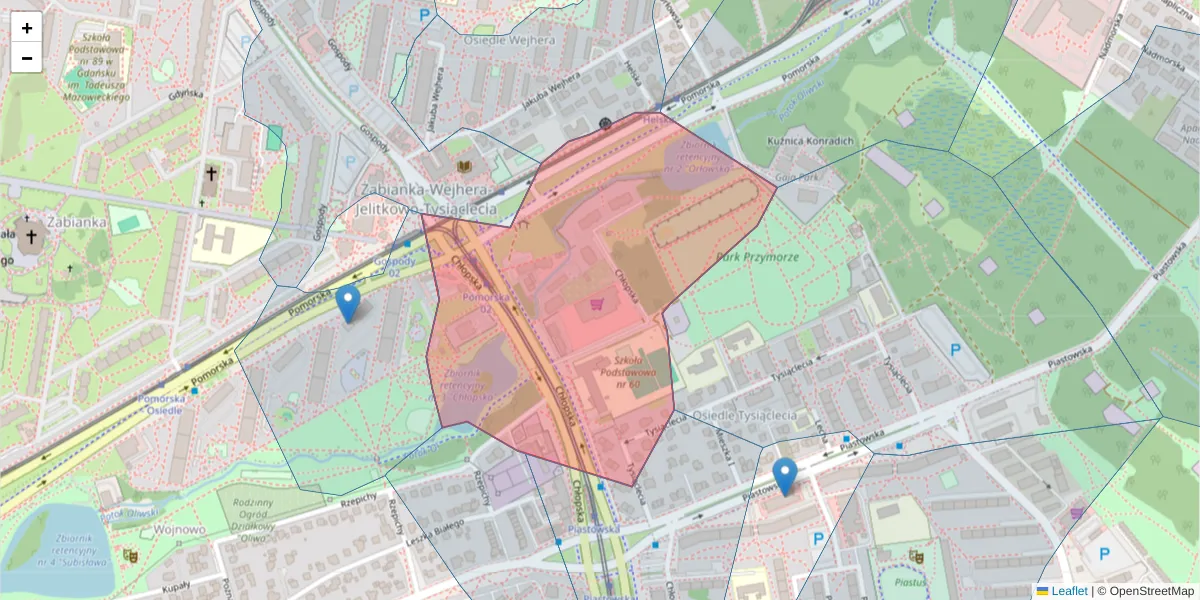 Szczegółowa mapa kodu pocztowego 80-350 z granicami, sąsiednimi kodami pocztowymi i urzędami pocztowymi