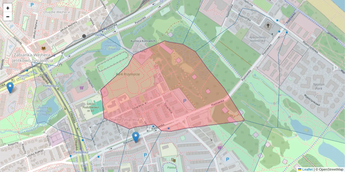 Szczegółowa mapa kodu pocztowego 80-351 z granicami, sąsiednimi kodami pocztowymi i urzędami pocztowymi