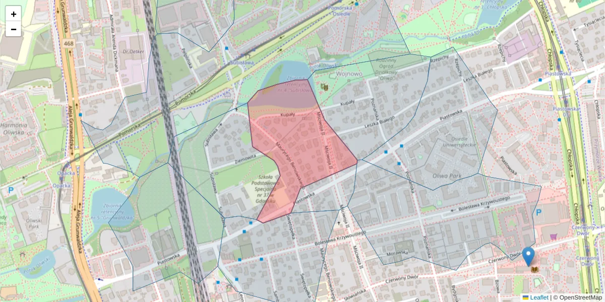 Szczegółowa mapa kodu pocztowego 80-355 z granicami, sąsiednimi kodami pocztowymi i urzędami pocztowymi