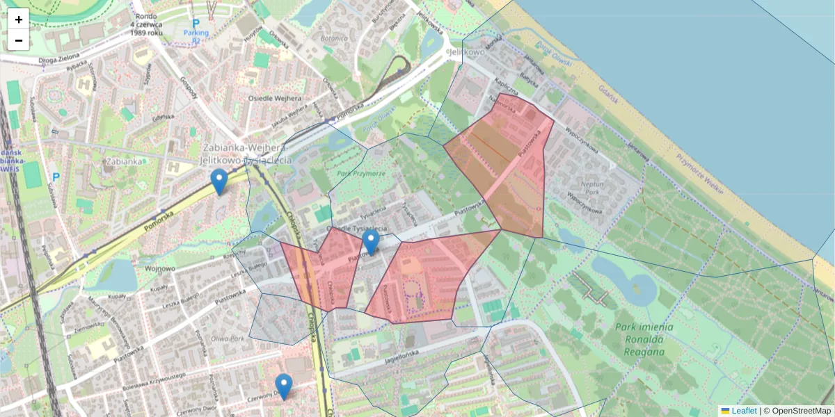 Szczegółowa mapa kodu pocztowego 80-358 z granicami, sąsiednimi kodami pocztowymi i urzędami pocztowymi