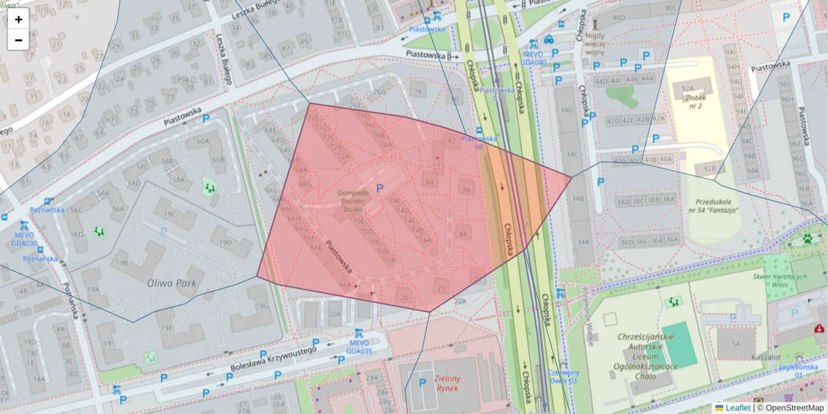 Szczegółowa mapa kodu pocztowego 80-363 z granicami, sąsiednimi kodami pocztowymi i urzędami pocztowymi