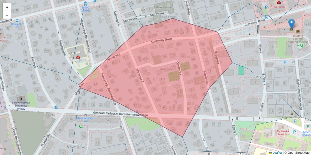 Szczegółowa mapa kodu pocztowego 80-383 z granicami, sąsiednimi kodami pocztowymi i urzędami pocztowymi