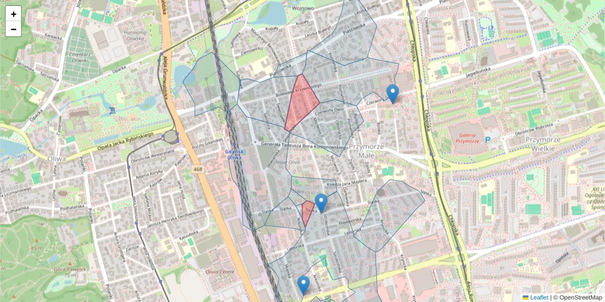 Szczegółowa mapa kodu pocztowego 80-384 z granicami, sąsiednimi kodami pocztowymi i urzędami pocztowymi