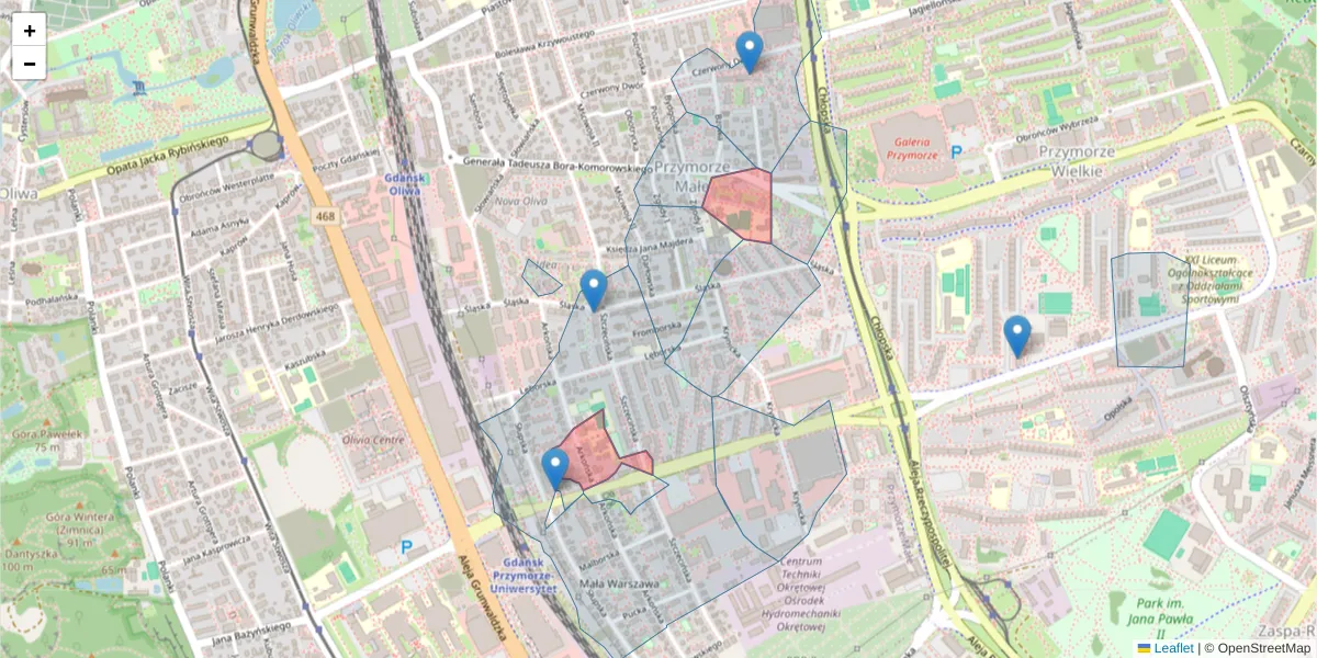 Szczegółowa mapa kodu pocztowego 80-387 z granicami, sąsiednimi kodami pocztowymi i urzędami pocztowymi