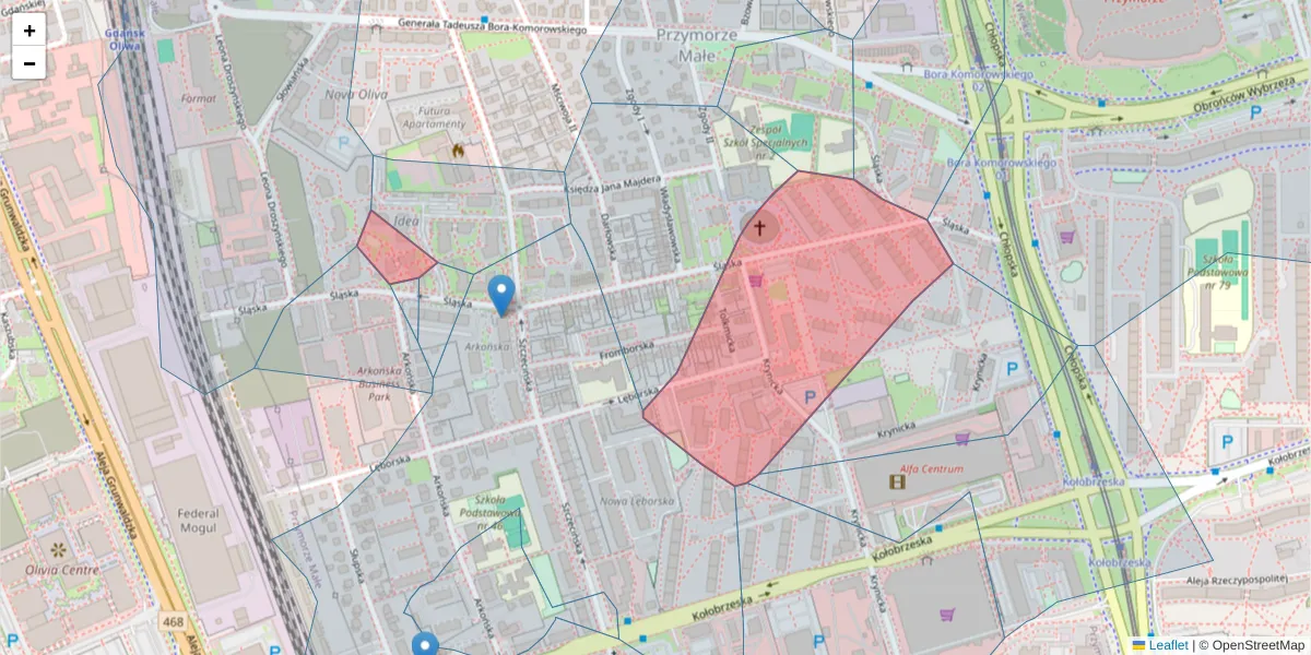 Szczegółowa mapa kodu pocztowego 80-389 z granicami, sąsiednimi kodami pocztowymi i urzędami pocztowymi