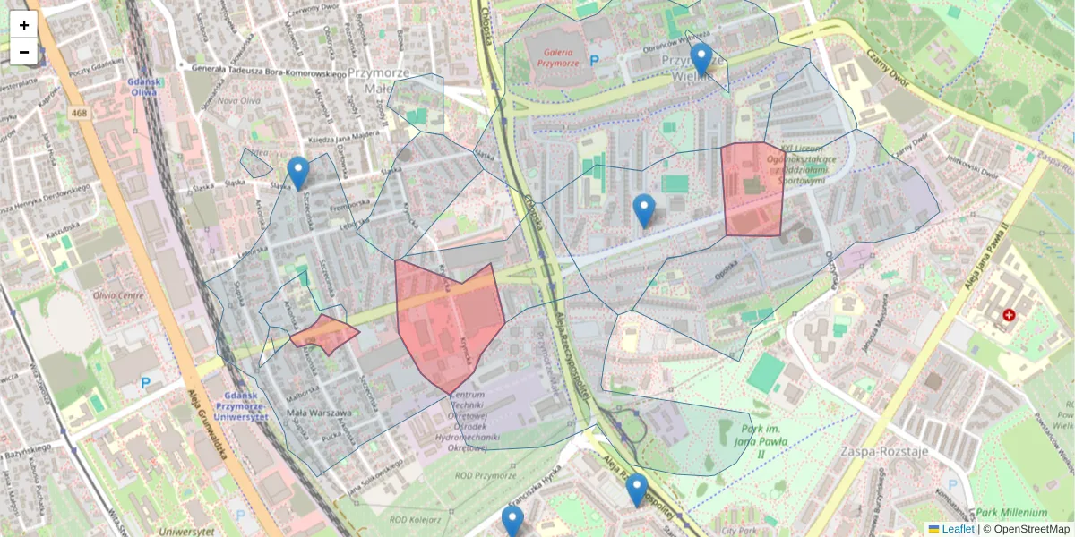Szczegółowa mapa kodu pocztowego 80-394 z granicami, sąsiednimi kodami pocztowymi i urzędami pocztowymi