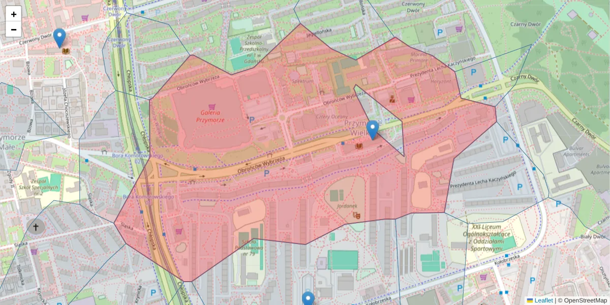 Szczegółowa mapa kodu pocztowego 80-398 z granicami, sąsiednimi kodami pocztowymi i urzędami pocztowymi