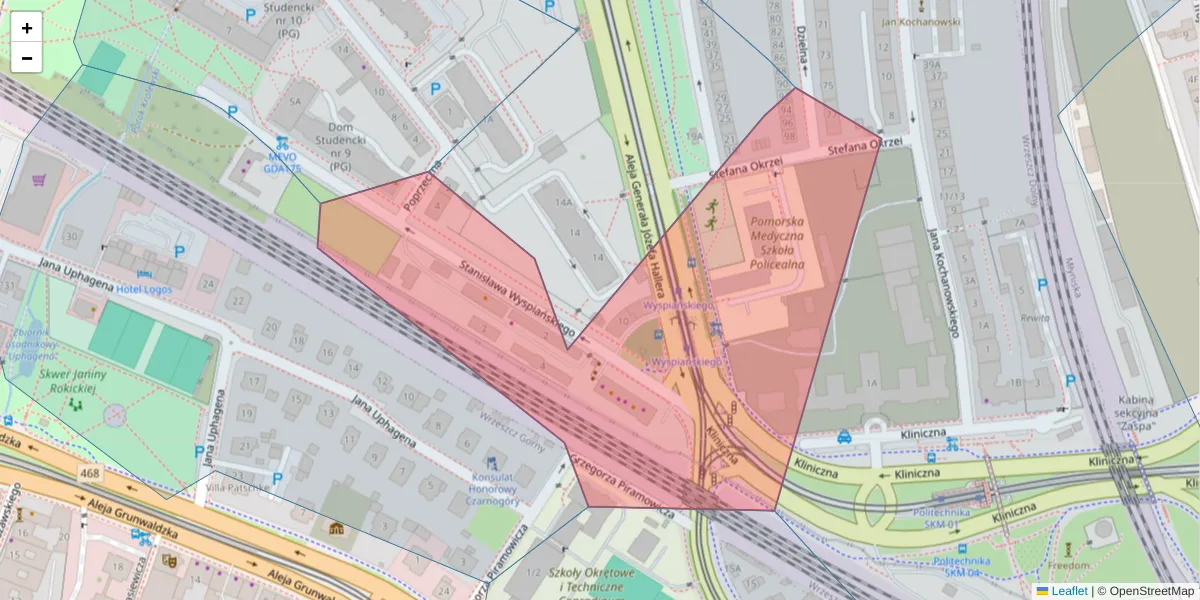 Szczegółowa mapa kodu pocztowego 80-401 z granicami, sąsiednimi kodami pocztowymi i urzędami pocztowymi