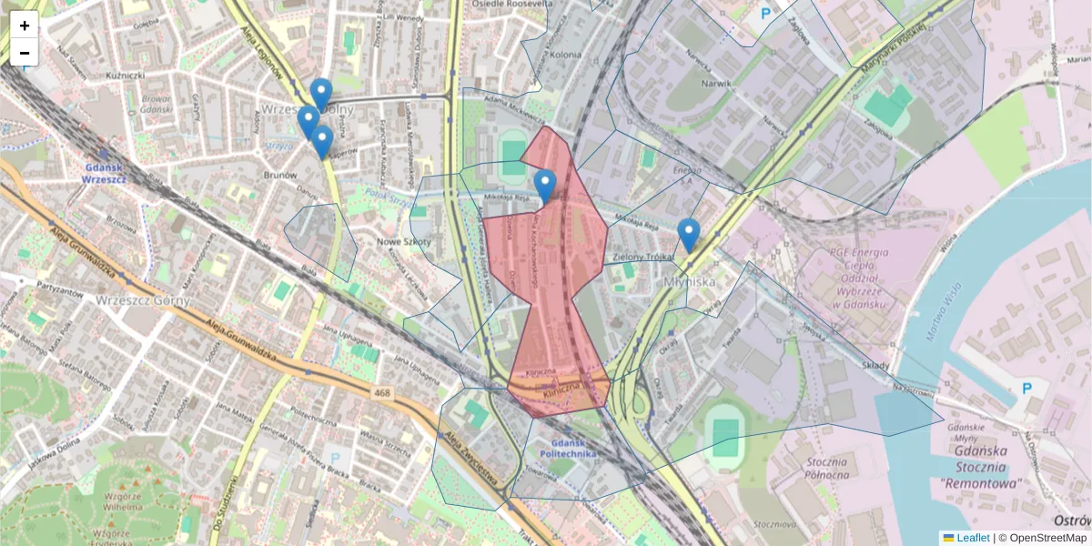 Szczegółowa mapa kodu pocztowego 80-402 z granicami, sąsiednimi kodami pocztowymi i urzędami pocztowymi