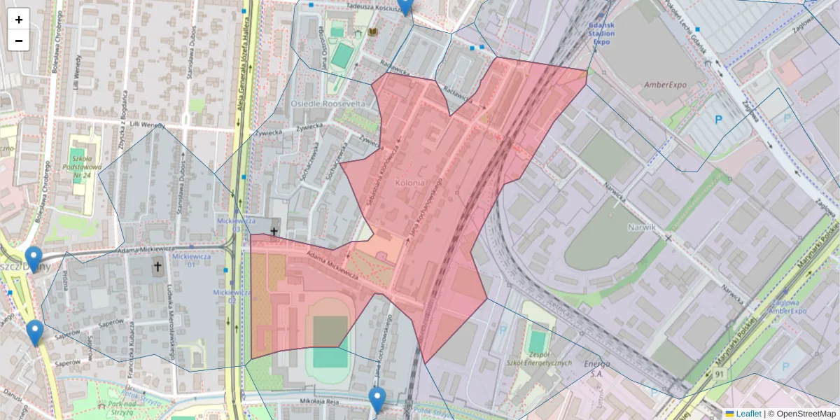 Szczegółowa mapa kodu pocztowego 80-405 z granicami, sąsiednimi kodami pocztowymi i urzędami pocztowymi