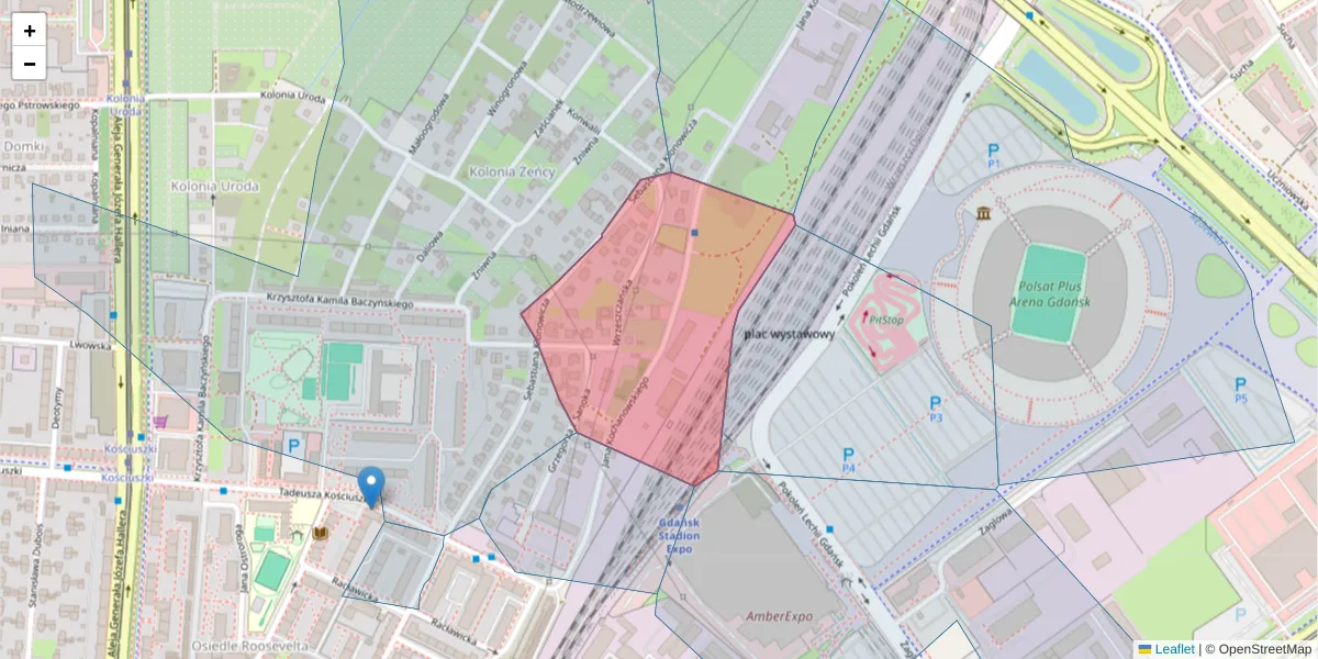 Szczegółowa mapa kodu pocztowego 80-409 z granicami, sąsiednimi kodami pocztowymi i urzędami pocztowymi