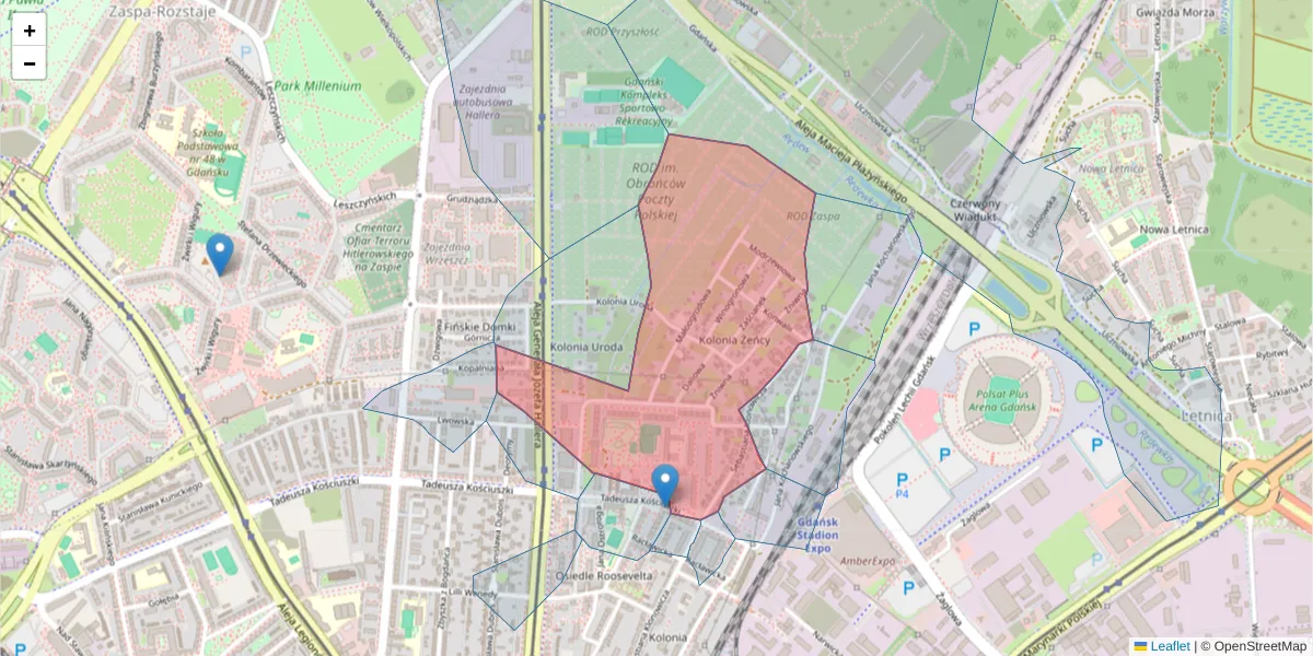 Szczegółowa mapa kodu pocztowego 80-410 z granicami, sąsiednimi kodami pocztowymi i urzędami pocztowymi