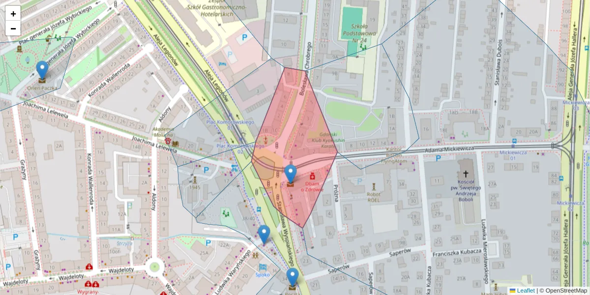 Szczegółowa mapa kodu pocztowego 80-411 z granicami, sąsiednimi kodami pocztowymi i urzędami pocztowymi