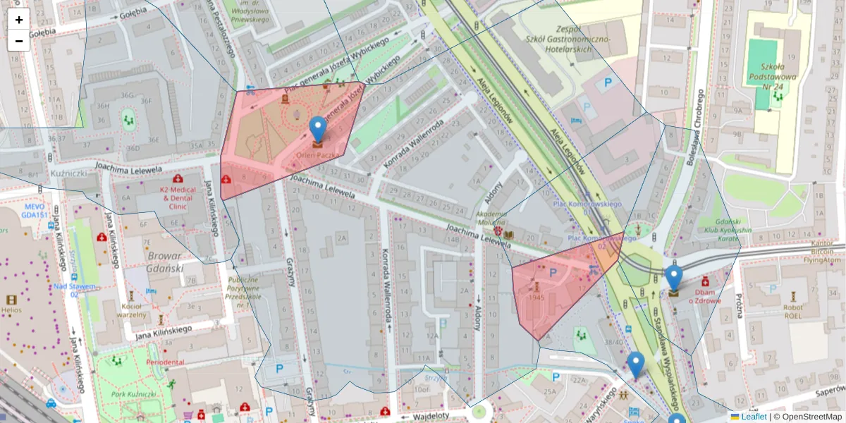 Szczegółowa mapa kodu pocztowego 80-422 z granicami, sąsiednimi kodami pocztowymi i urzędami pocztowymi