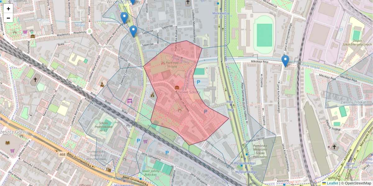 Szczegółowa mapa kodu pocztowego 80-432 z granicami, sąsiednimi kodami pocztowymi i urzędami pocztowymi