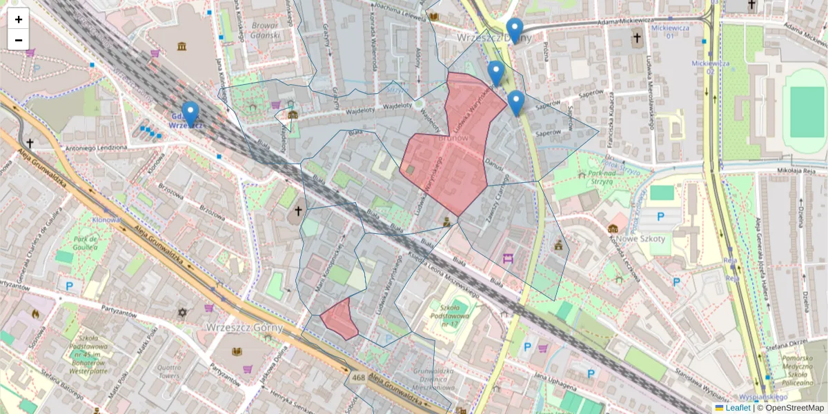 Szczegółowa mapa kodu pocztowego 80-433 z granicami, sąsiednimi kodami pocztowymi i urzędami pocztowymi