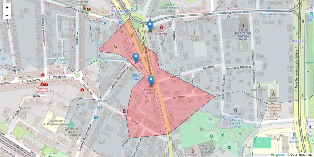 Szczegółowa mapa kodu pocztowego 80-434 z granicami, sąsiednimi kodami pocztowymi i urzędami pocztowymi