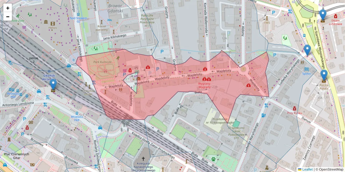 Szczegółowa mapa kodu pocztowego 80-437 z granicami, sąsiednimi kodami pocztowymi i urzędami pocztowymi