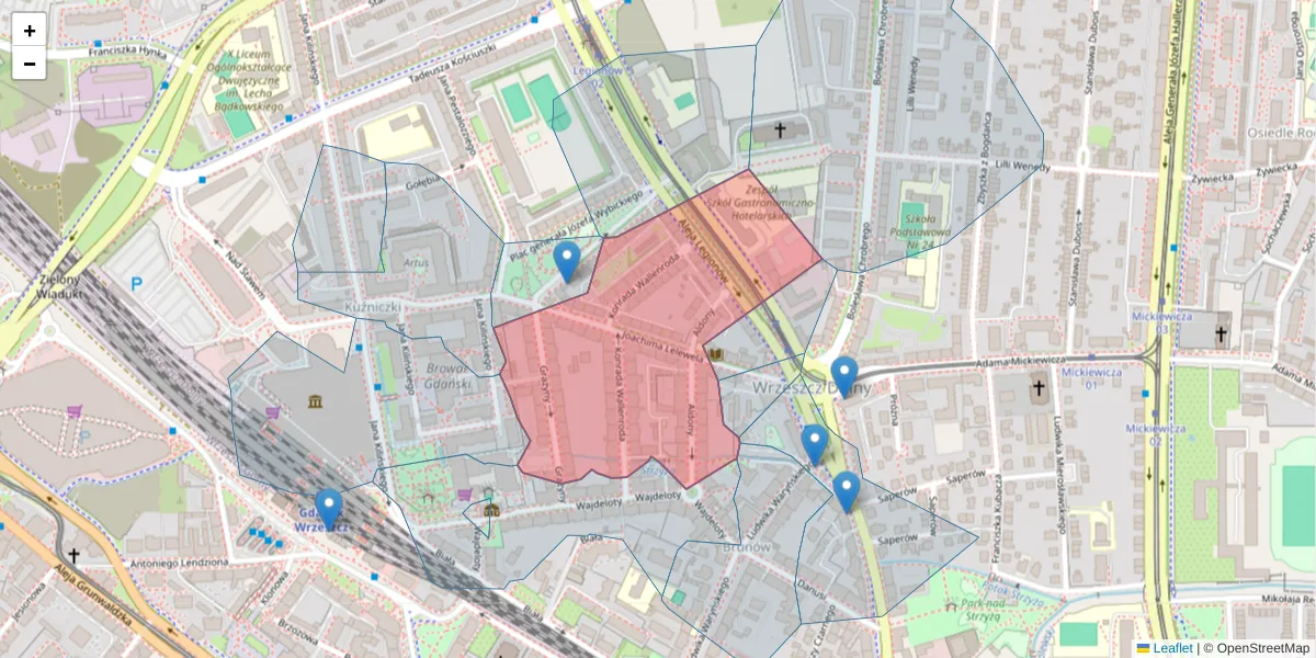 Szczegółowa mapa kodu pocztowego 80-438 z granicami, sąsiednimi kodami pocztowymi i urzędami pocztowymi