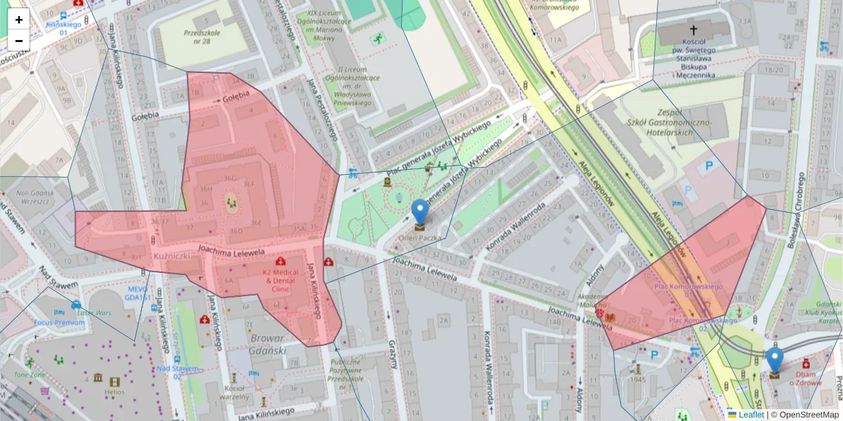 Szczegółowa mapa kodu pocztowego 80-442 z granicami, sąsiednimi kodami pocztowymi i urzędami pocztowymi