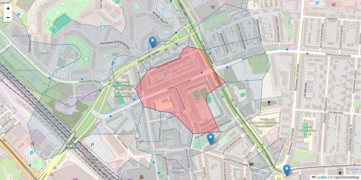 Szczegółowa mapa kodu pocztowego 80-445 z granicami, sąsiednimi kodami pocztowymi i urzędami pocztowymi