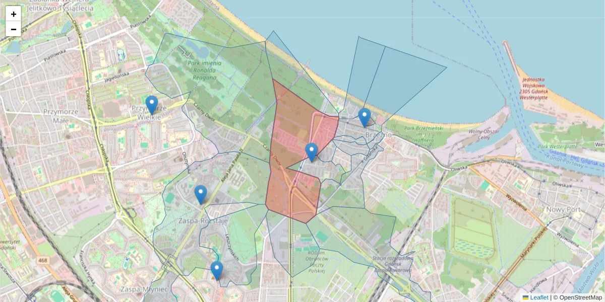 Szczegółowa mapa kodu pocztowego 80-502 z granicami, sąsiednimi kodami pocztowymi i urzędami pocztowymi