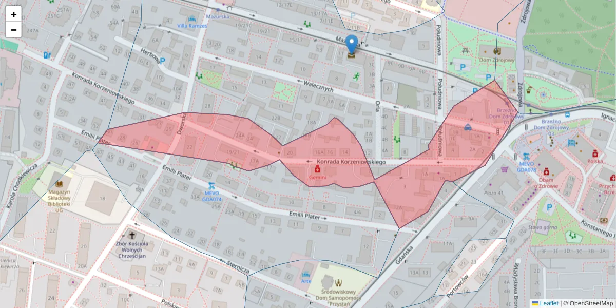 Szczegółowa mapa kodu pocztowego 80-508 z granicami, sąsiednimi kodami pocztowymi i urzędami pocztowymi