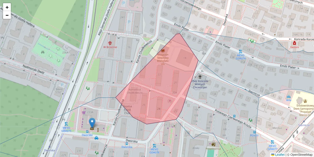 Szczegółowa mapa kodu pocztowego 80-511 z granicami, sąsiednimi kodami pocztowymi i urzędami pocztowymi