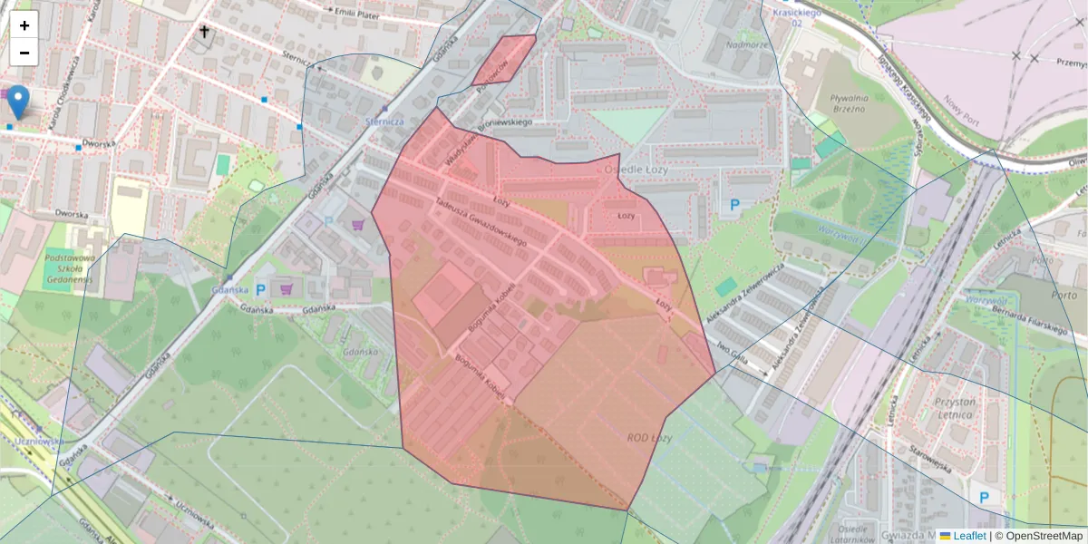 Szczegółowa mapa kodu pocztowego 80-516 z granicami, sąsiednimi kodami pocztowymi i urzędami pocztowymi