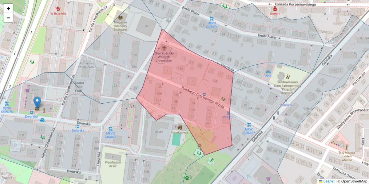 Szczegółowa mapa kodu pocztowego 80-519 z granicami, sąsiednimi kodami pocztowymi i urzędami pocztowymi