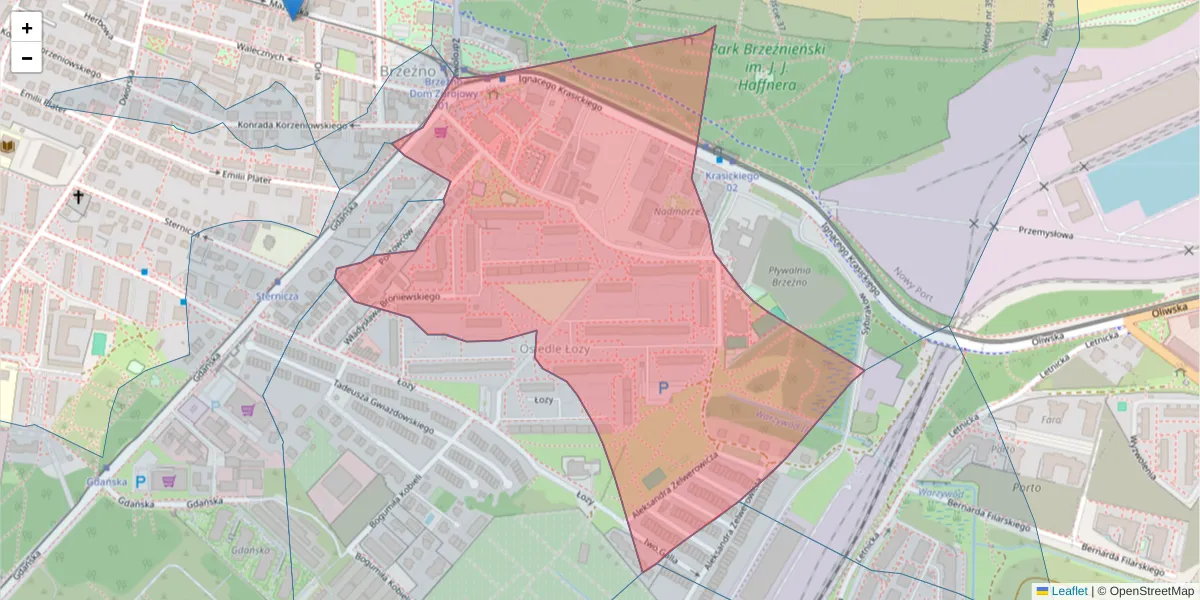 Szczegółowa mapa kodu pocztowego 80-524 z granicami, sąsiednimi kodami pocztowymi i urzędami pocztowymi