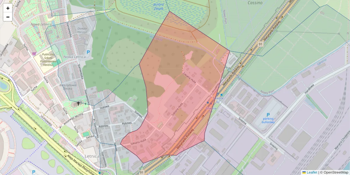 Szczegółowa mapa kodu pocztowego 80-529 z granicami, sąsiednimi kodami pocztowymi i urzędami pocztowymi