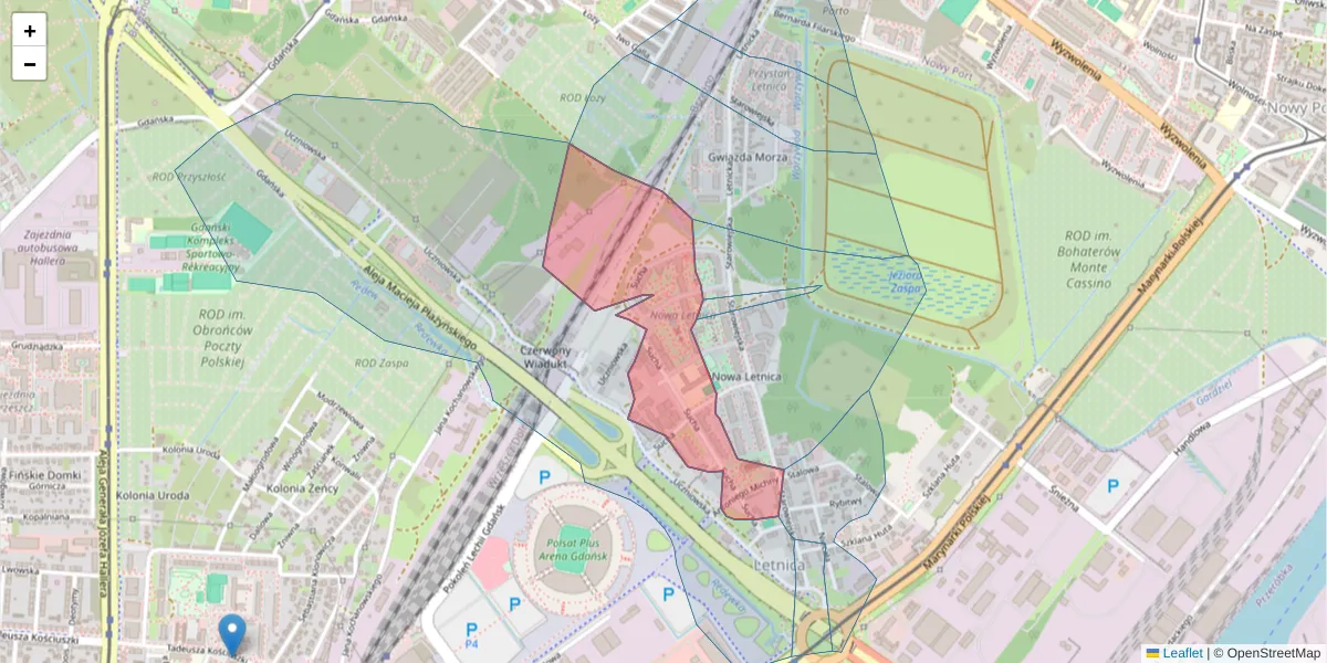 Szczegółowa mapa kodu pocztowego 80-531 z granicami, sąsiednimi kodami pocztowymi i urzędami pocztowymi