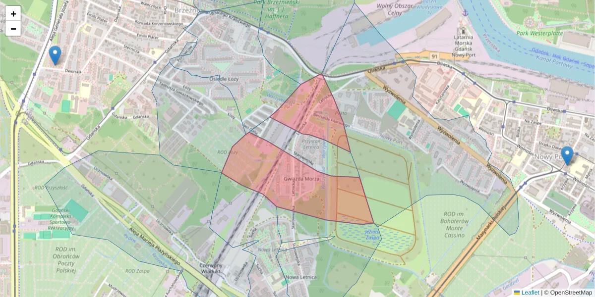 Szczegółowa mapa kodu pocztowego 80-536 z granicami, sąsiednimi kodami pocztowymi i urzędami pocztowymi