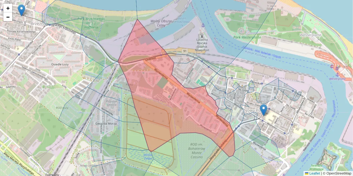 Szczegółowa mapa kodu pocztowego 80-537 z granicami, sąsiednimi kodami pocztowymi i urzędami pocztowymi