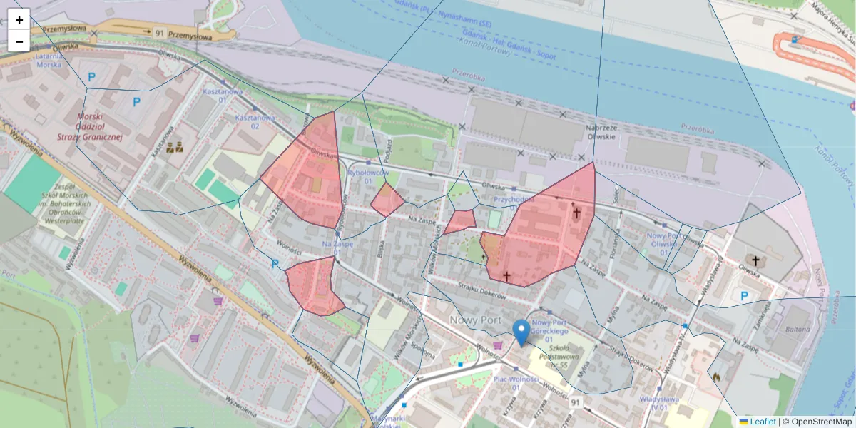 Szczegółowa mapa kodu pocztowego 80-543 z granicami, sąsiednimi kodami pocztowymi i urzędami pocztowymi