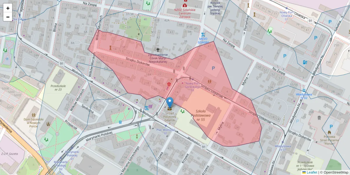 Szczegółowa mapa kodu pocztowego 80-544 z granicami, sąsiednimi kodami pocztowymi i urzędami pocztowymi