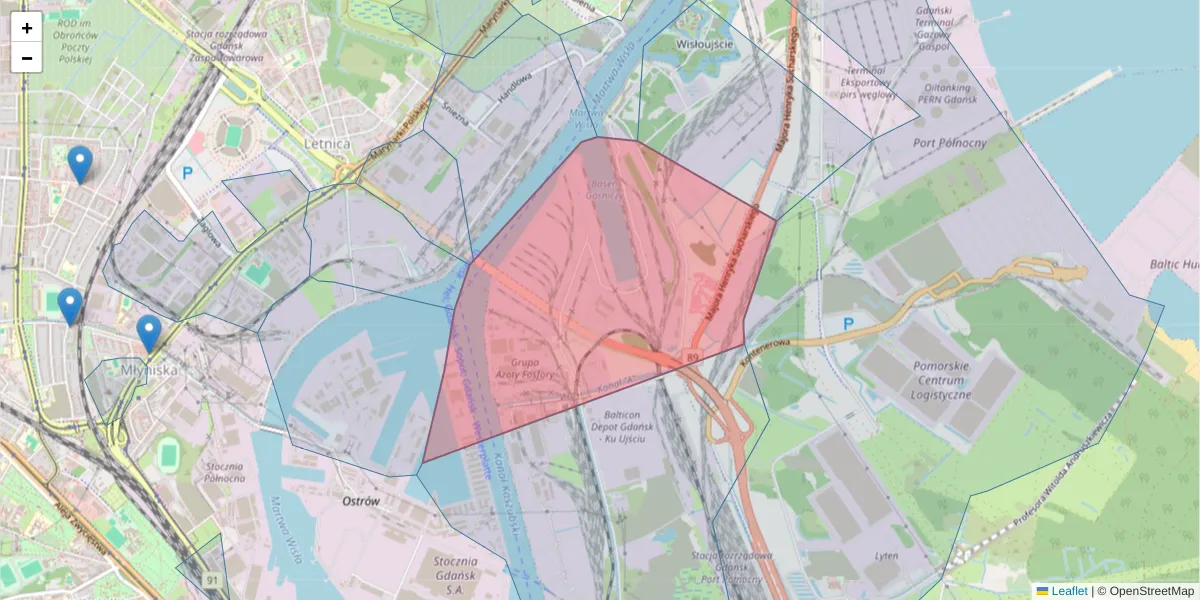 Szczegółowa mapa kodu pocztowego 80-550 z granicami, sąsiednimi kodami pocztowymi i urzędami pocztowymi