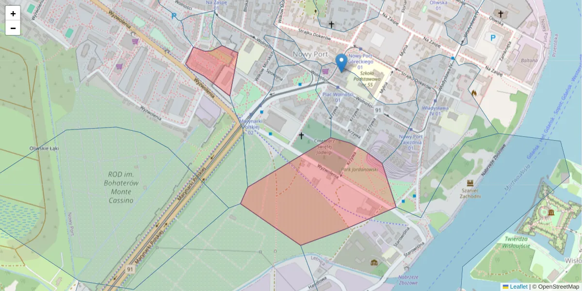 Szczegółowa mapa kodu pocztowego 80-553 z granicami, sąsiednimi kodami pocztowymi i urzędami pocztowymi