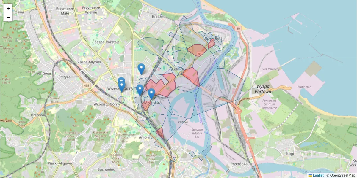 Szczegółowa mapa kodu pocztowego 80-557 z granicami, sąsiednimi kodami pocztowymi i urzędami pocztowymi