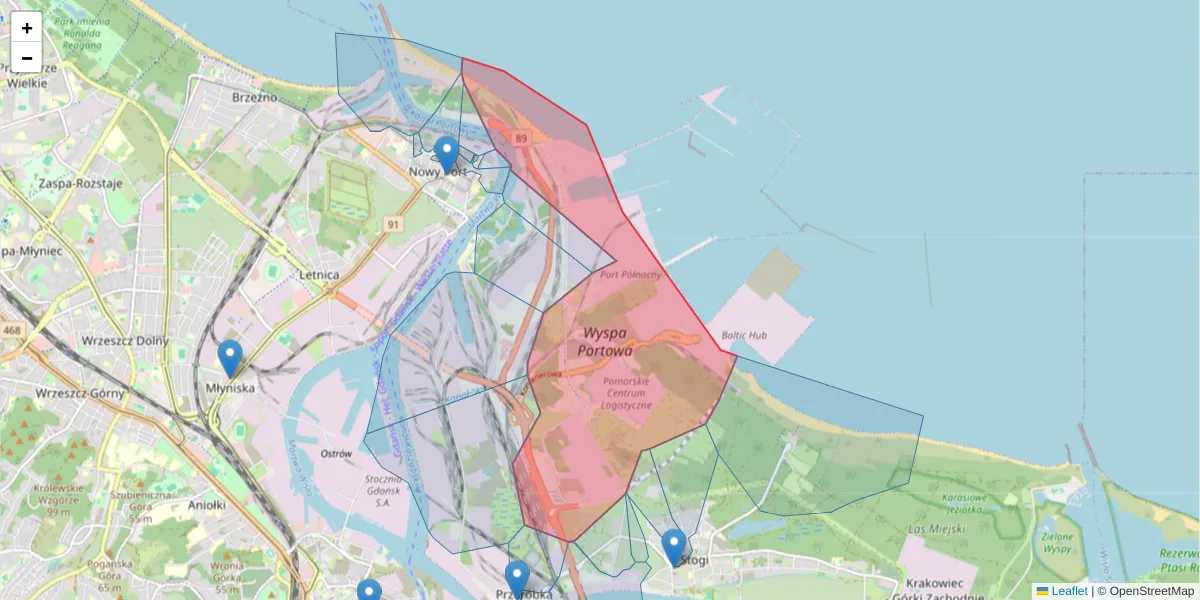 Szczegółowa mapa kodu pocztowego 80-601 z granicami, sąsiednimi kodami pocztowymi i urzędami pocztowymi